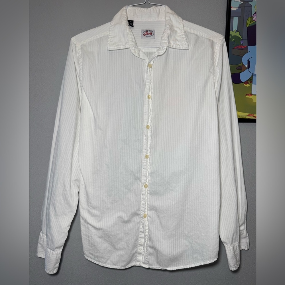 JACHS 100% Cotton White Long Sleeve Men's Button Down Shirt Sz L